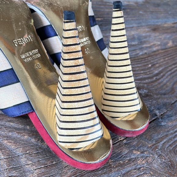 Fendi striped canvas and red suede heeled sandal Size 40 w/COA - Picture 9 of 11